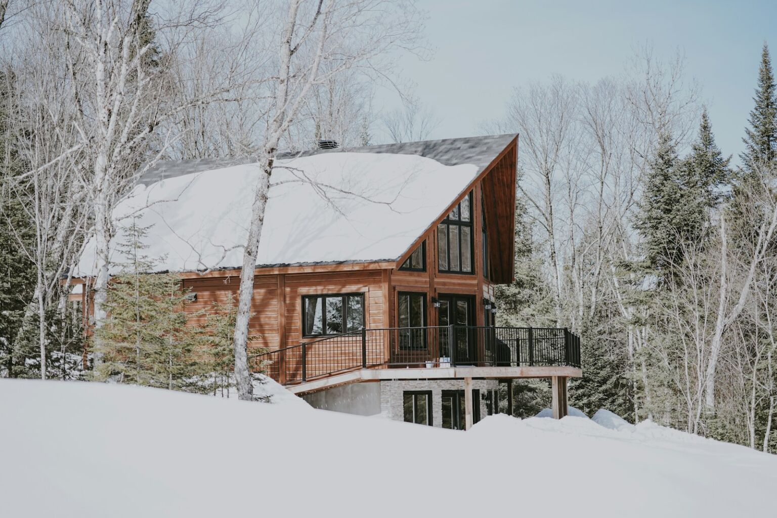 Chalet enneigé en lisière de forêt